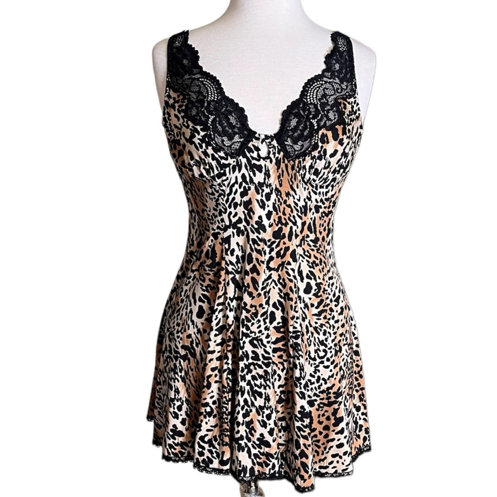 Leopard Print Slip Dress Nightgown Nightie Lace Lingerie M Medium